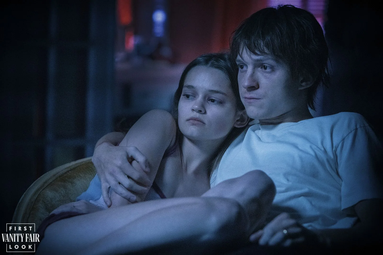 pCiara Bravo and Tom Holland as a young couple in deepening trouble in emCherryem.p 